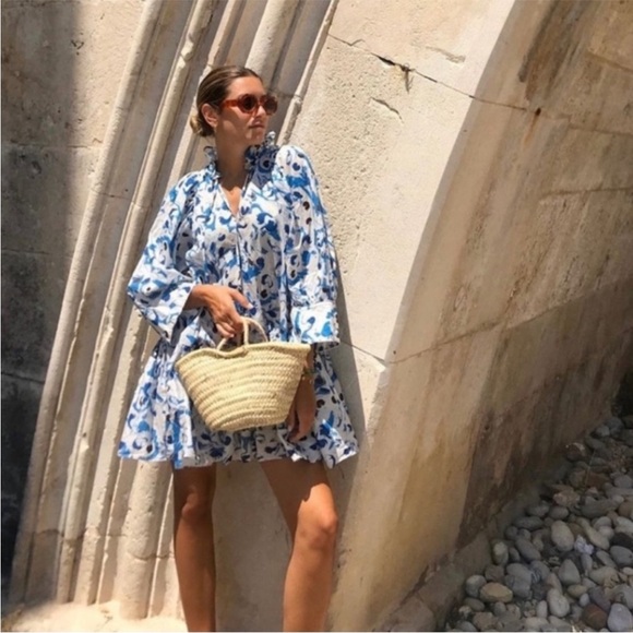 H&M hm Cotton Voile Ruffle Collar Peplum Mini Dress Drop waist Pattern Blue NWT - Picture 5 of 16